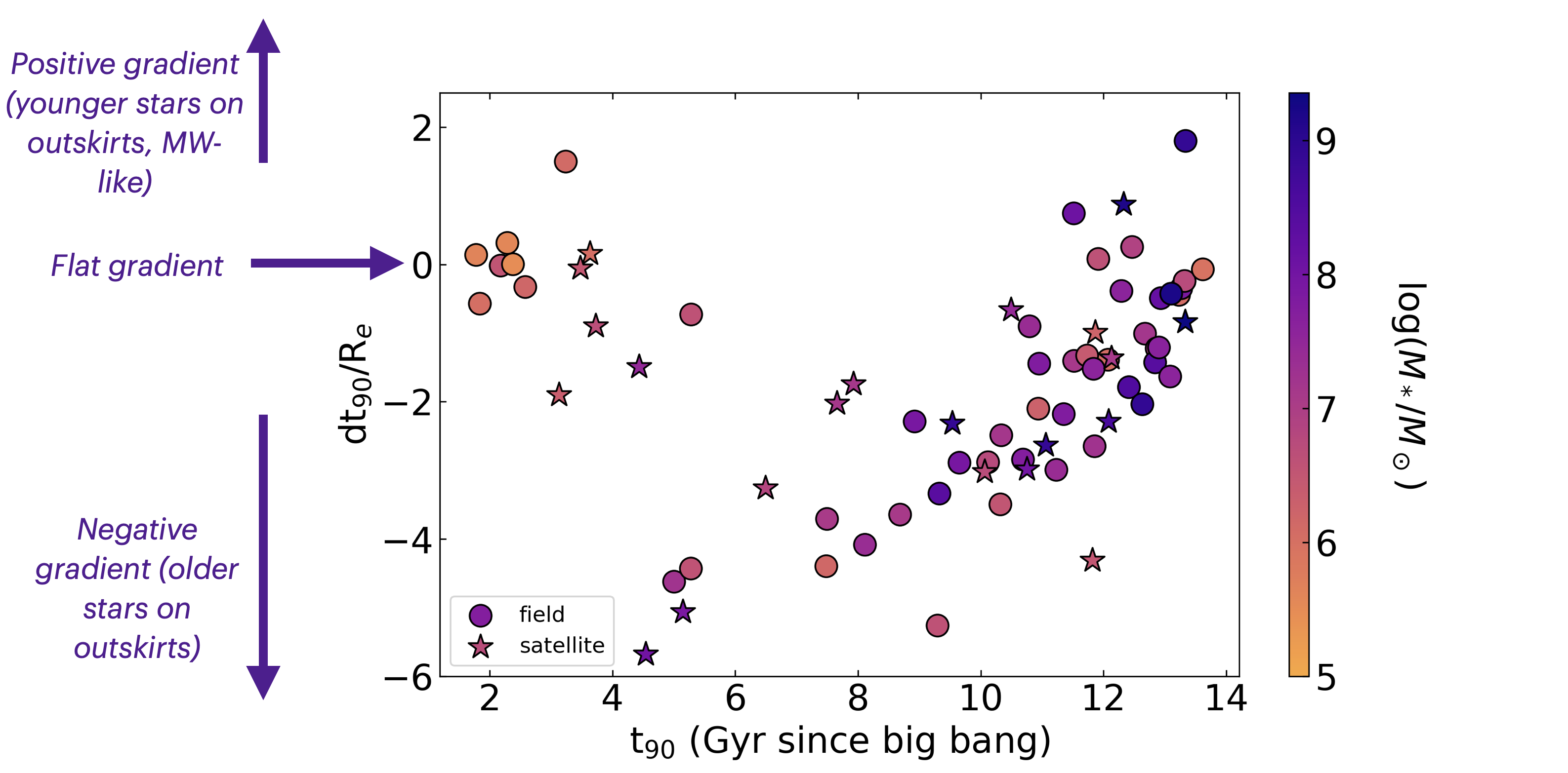 A plot that shows 72 points (each representing a galaxy) on a plot with t_90 value on the x-axis (time at which 90% of stars have formed), and the age gradient on the y-axis. The galaxies are colored by their stellar mass. The gradients make a U-shaped trend, with the lowest mass galaxies stopping star formation early and having flat gradients.